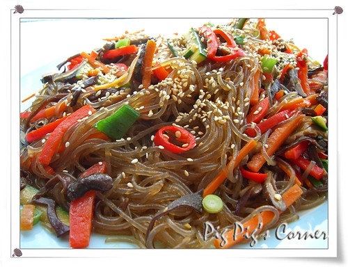 Korean-Style Cellophane Noodles (Chapchae). Recipe found here.