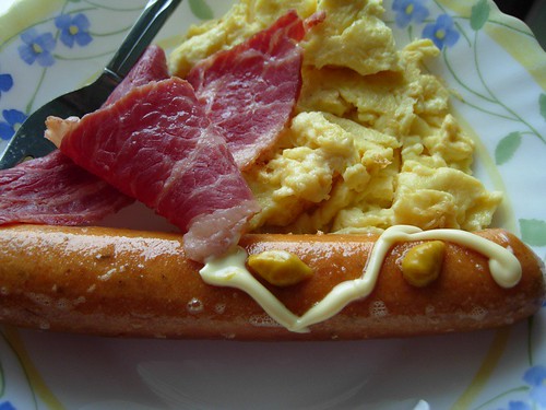 scrambled eggs, sausage and beef