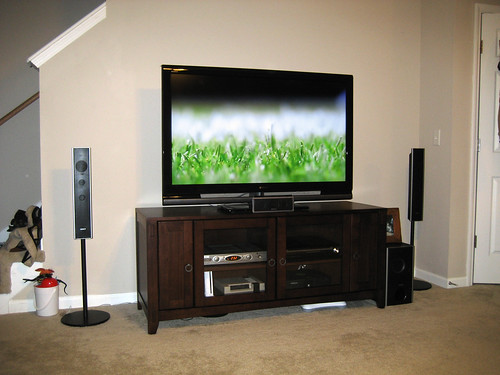 The Sony bigscreen TV on new stand with Sony s...