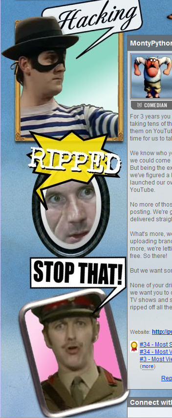 Monty Python YouTube page with ripped, stop that, and hacking captions