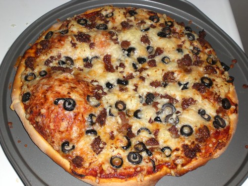 Sausage & Olive Pizza, after cooking