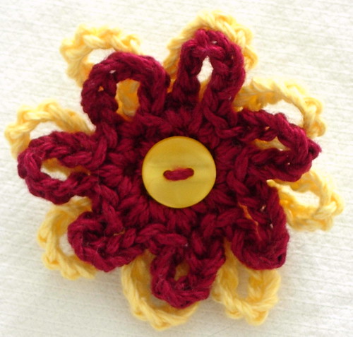 Crochet Flower and Vintage Button Gryffindor House Pride Brooch
