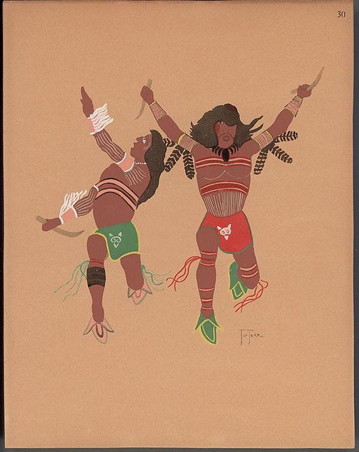 pochoir illustration of 2 native American Warriors in dynamic pose 1929 - Monroe Tsatoke