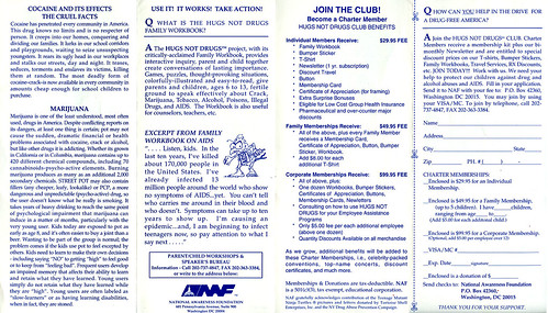 National Awareness Foundation  "Hugs Not Drugs" promo pamphlet, Club membership order / donation form .. ii (( 1993 ))