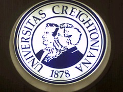 Creighton University badge in the library