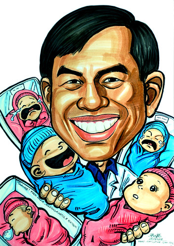 Caricature of a gynaecologist with babies