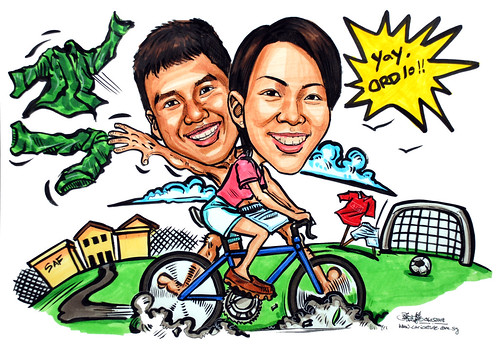 Couple caricatures bike Army Camp Man-U Soccer Field