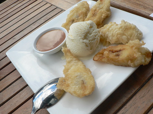 banana fritters with vanilla ice cream and toffee sauce