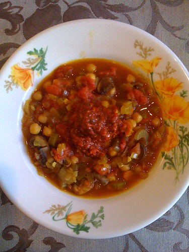 Mushroom & chickpea stew with roasted pepper coulis