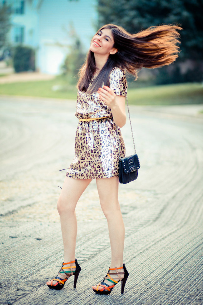 Sequin Leopard Print dress, French Connection UK Style, Asos yellow belt, Color block sandals, Fashion, Outfit, Mini dress