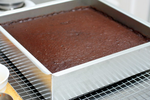 But the cake is baked I made the 12inch square chocolate cake layers on