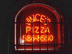 Vince's Pizza window neon sign. Chicago Illinois. Febuary 2008.