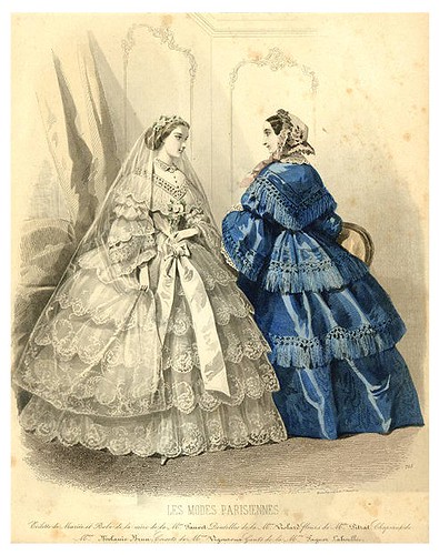 Dress with tiered skirt decorated with flowers and ribbons 1855