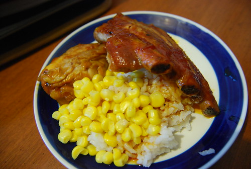 Corn, rice, chicken and ribs