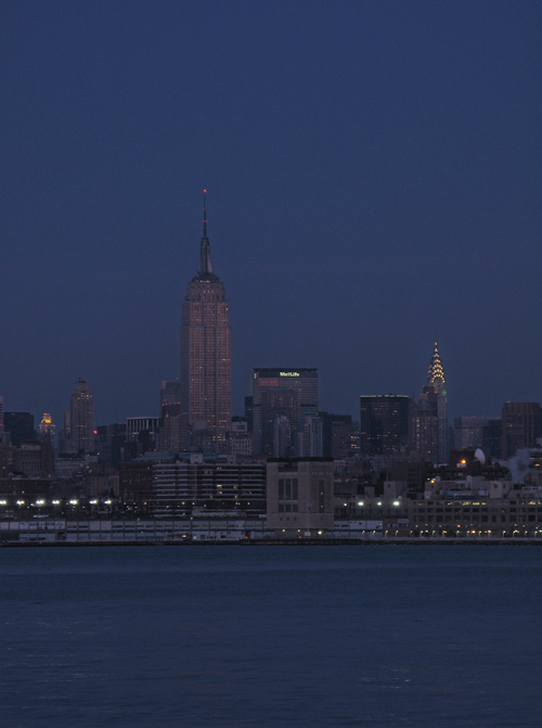 the Hudson River, Empire State Building, and Chrysler Building at night, Manhattan, NYC