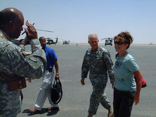 Sarah Palin in Kuwait, army, Alaska National Guard, airfield, Blackhawk helicopters