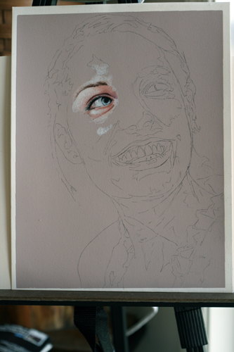 In progress photo of colored pencil drawing entitled Rachel.