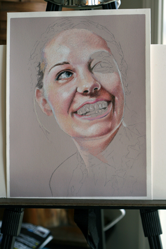 Photo of in progress colored pencil drawing entitled Rachel.
