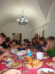 The group enjoys a Thanksgiving feast.
