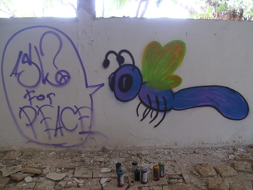 graffiti: blue dragonfly with yellow wings, saying, Ask for peace