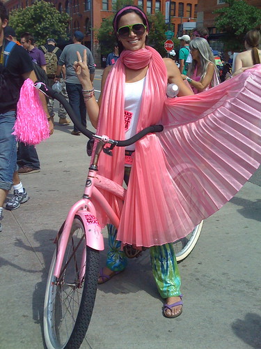 Gabrielle Cohen at the DNC on a bicycle for CODEPINK2