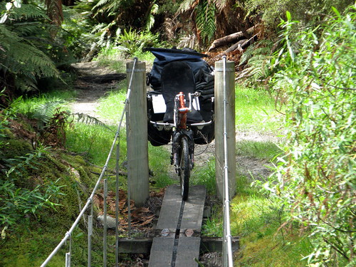 Biek too wide for swing bridge on the Mangapurua Track, Whanganui National Park, New Zealand