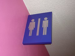 Toilet sign, blue on a pink wall with woman first and man second