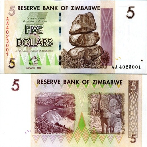 ZIMBABWE 5 DOLLARS 2007