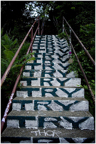 graffiti on a concrete, outdoor staircase: at the front of each step is painted the word Try, so it rises up as you climb: Try, Try, Try, Try, Try...