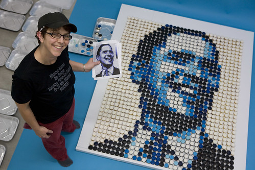 Zilly Rosen of ZILLYCAKES in Buffalo, NY, builds a likeness of presidential candidate Barack Obama using 1240 cupcakes.