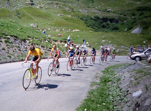 Greg LeMond leading Laurent Fignon over the top of the Col de la Croix de Fer during the 1989 Tour de France. LeMond went on to win the Tour that year by just 8 seconds after the final time trial in Paris. Photo: Steve Selwood 