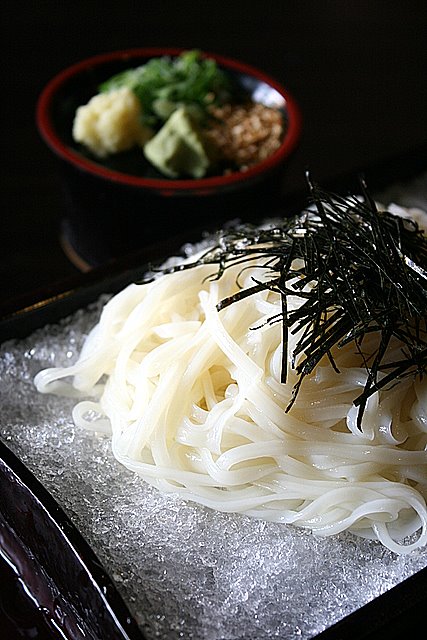 Inaniwa udon, served on a bed of shaved ice