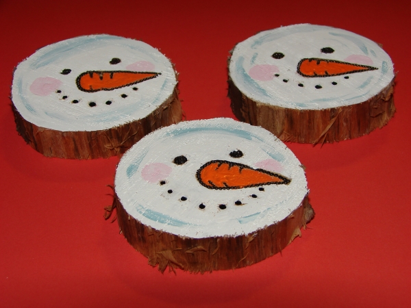 Recycled Tree Stump Snowmen Ornaments 3