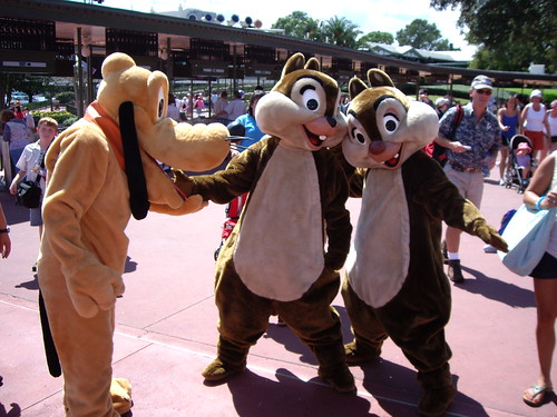 Pluto is puzzled by the new Chip and Dale statue at the entrance