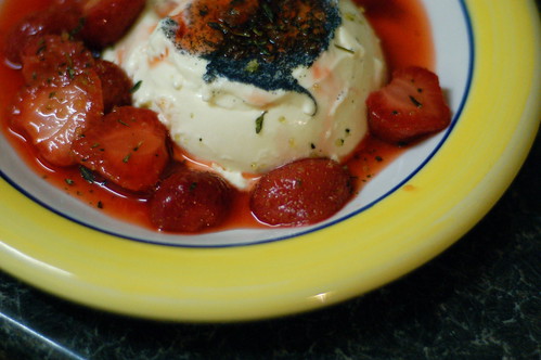Vanilla panna cotta with marinated strawberries and lemon thyme sugar