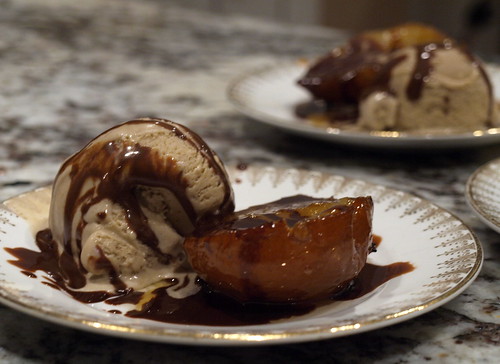 April's pear with chocolate bourbon sauce and chestnut ice cream