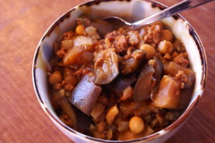 curry rice w/ eggplant, ground pork, chickpeas + shimeji mushrooms