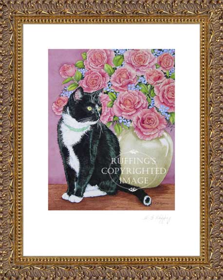 "Tuxedo and Roses" by A E Ruffing, Cat Print