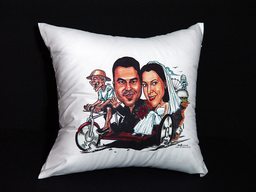 wedding couple caricatures on trishaw printed on cushion