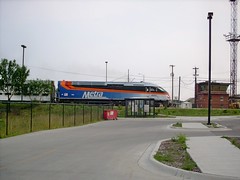 Speeding westbound Metra express commuter train. Cicero Illinois. September 2007.