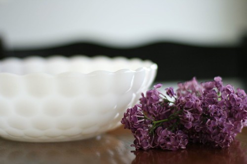 treasures: thrifted glass bowl & our first lilac blooms