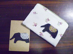 handmade pouch - elephant with moleskine notebook