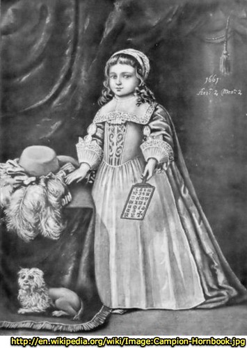 Miss Campion holding a hornbook, 1661. From Tuer’s History of the Horn-Book.