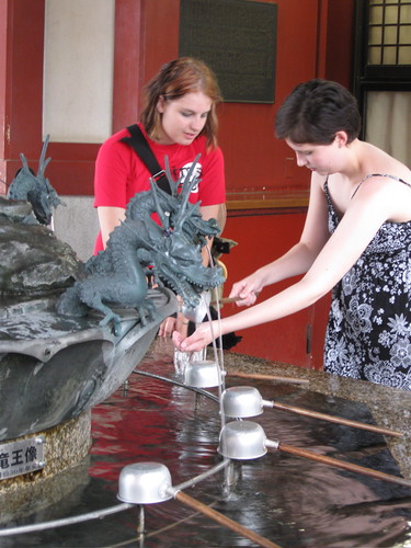 Karly and Sofie purifying before entering the Sensoji Temple