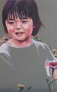 In progress photo of colored pencil drawing of a little girl entitled Hope.
