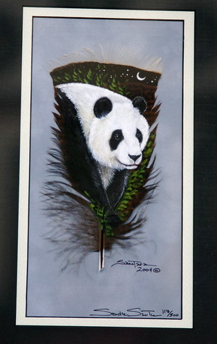 Panda handpainted on a feather!