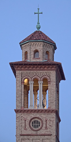 Our Lady of Sorrows Roman Catholic Church, in Saint Louis, Missouri, USA - tower detail at dusk
