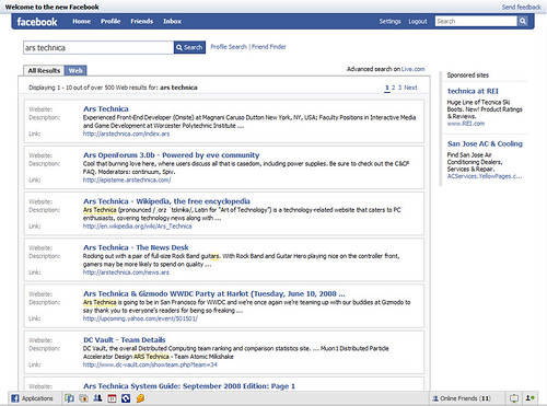 Live Search on Facebook. Image courtesy of Ars Technica