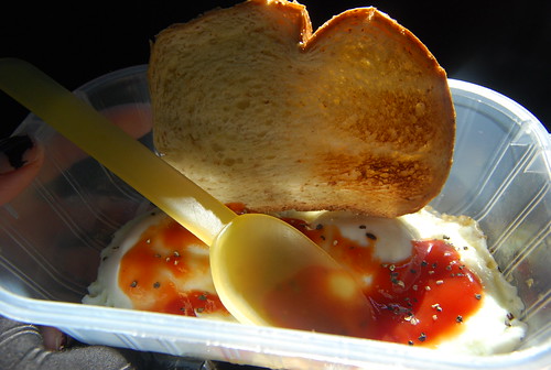 Eggs and toast in the car
