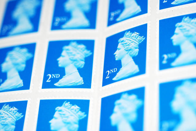 A photograph of a sheet of second class postage stamps from England